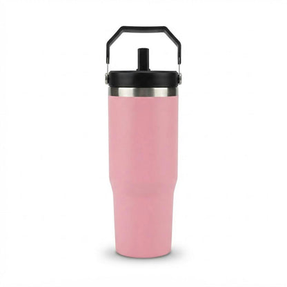 Vaso térmico de acero inoxidable 900 ml con pajita y asa rosa sobre fondo blanco