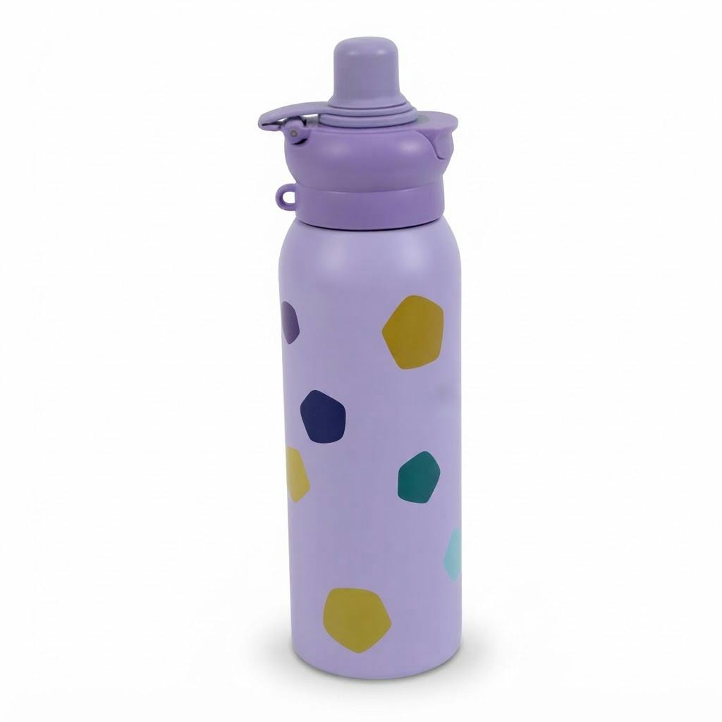 Botella térmica lila con lunares de colores y tapa con pico