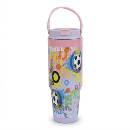 Vaso térmico 900 ml con asa diseño fútbol sobre fondo blanco