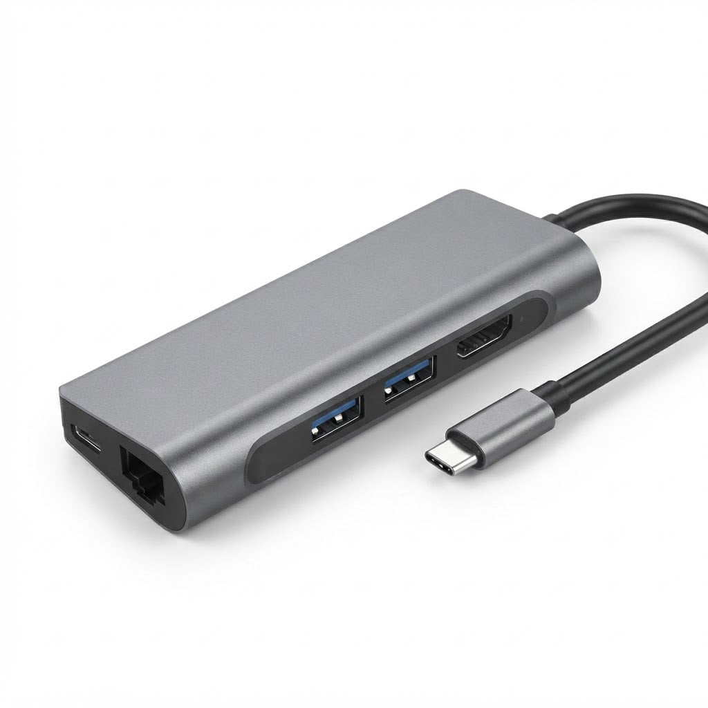 Hub USB-C plateado con puerto Ethernet, HDMI y USB-A