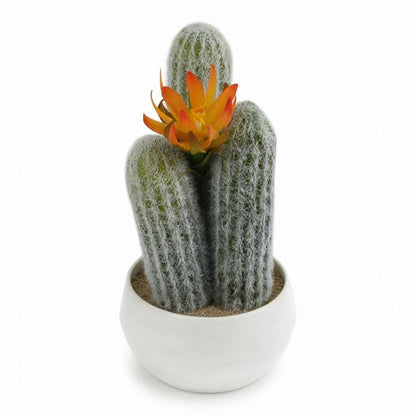 Cactus artificial con flor en maceta blanca 23 cm sobre fondo blanco