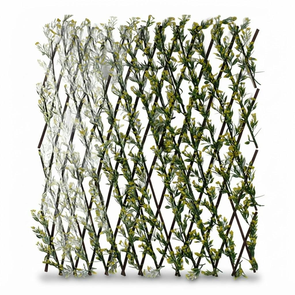 Celosía extensible de madera con hojas artificiales 1,2 x 3 m sobre fondo blanco
