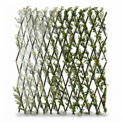Celosía extensible de madera con hojas artificiales 1,2 x 3 m sobre fondo blanco