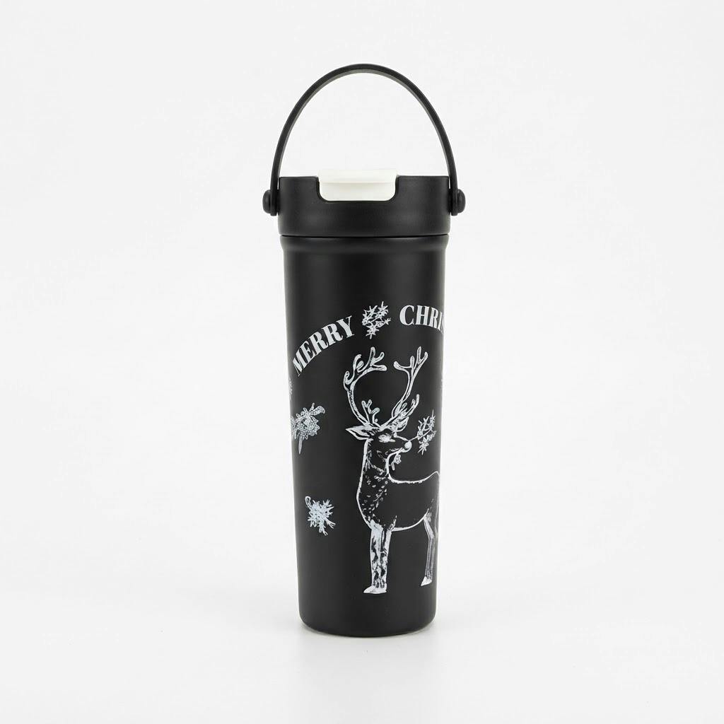Vaso térmico de acero inoxidable 600 ml con asa diseño reno sobre fondo blanco