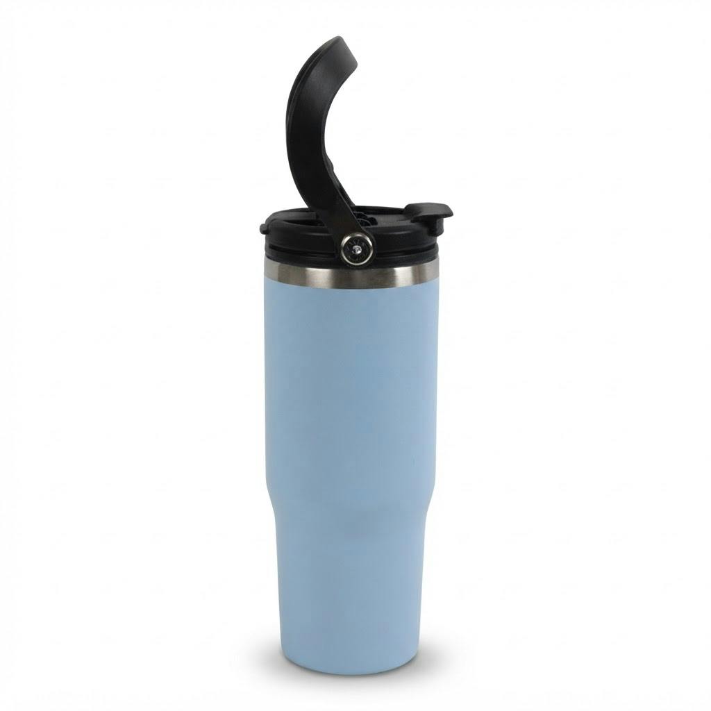 Vaso térmico de acero inoxidable 900 ml celeste con tapa abatible sobre fondo blanco