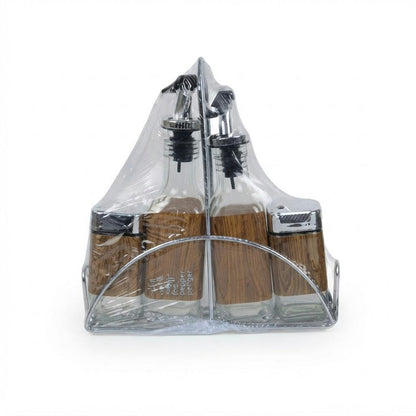 Set de aceitero, vinagrero y saleros 4 piezas con soporte sobre fondo blanco
