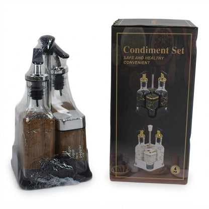 Set de aceitero, vinagrero y saleros 4 piezas tono madera sobre fondo blanco