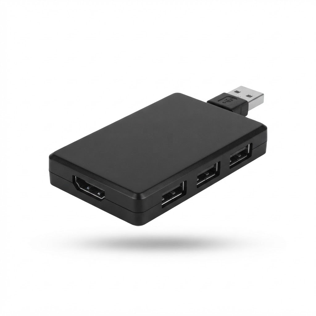 Hub USB negro plano con puerto HDMI y cable retráctil