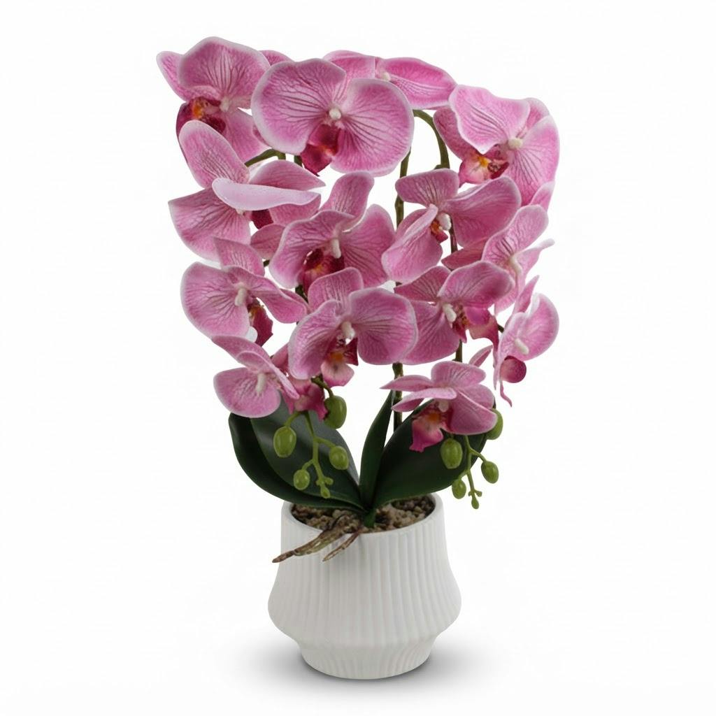 Orquídea artificial rosa grande en maceta blanca 46 cm sobre fondo blanco