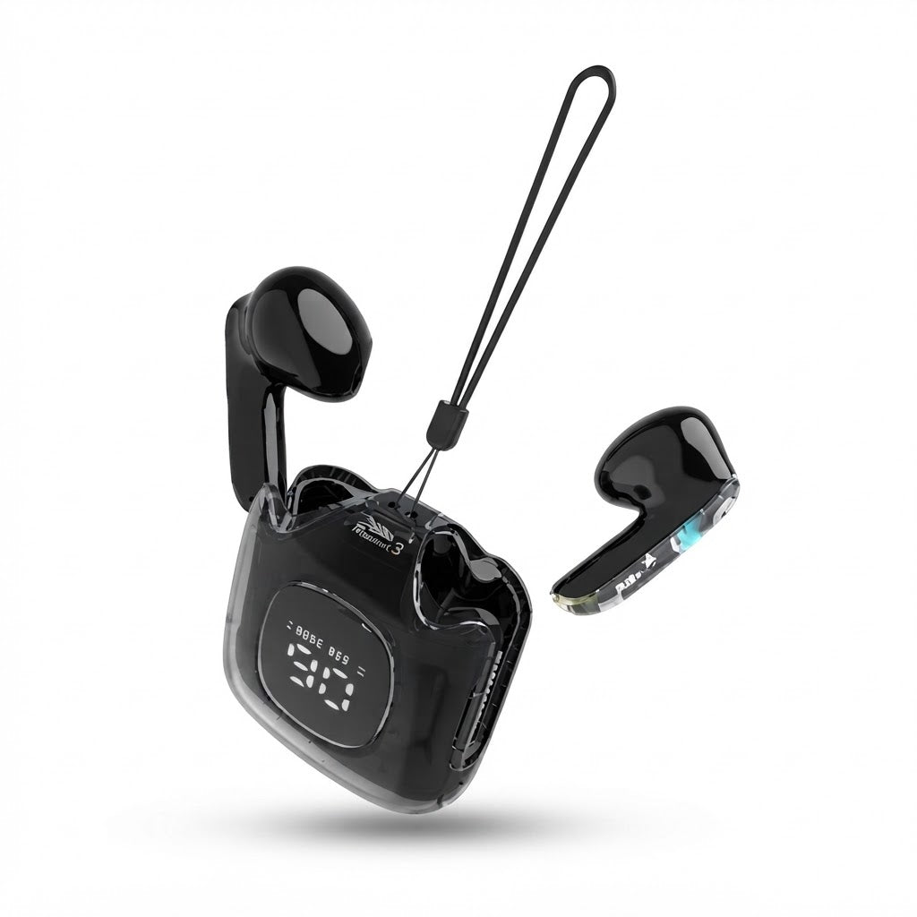 Auriculares inalámbricos negros con estuche de carga y correa