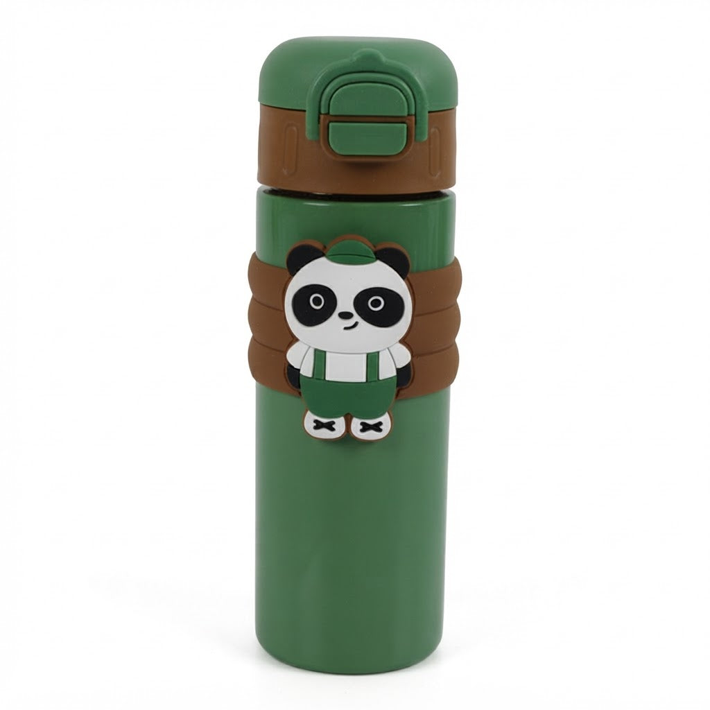 Botella térmica infantil verde con oso panda en relieve