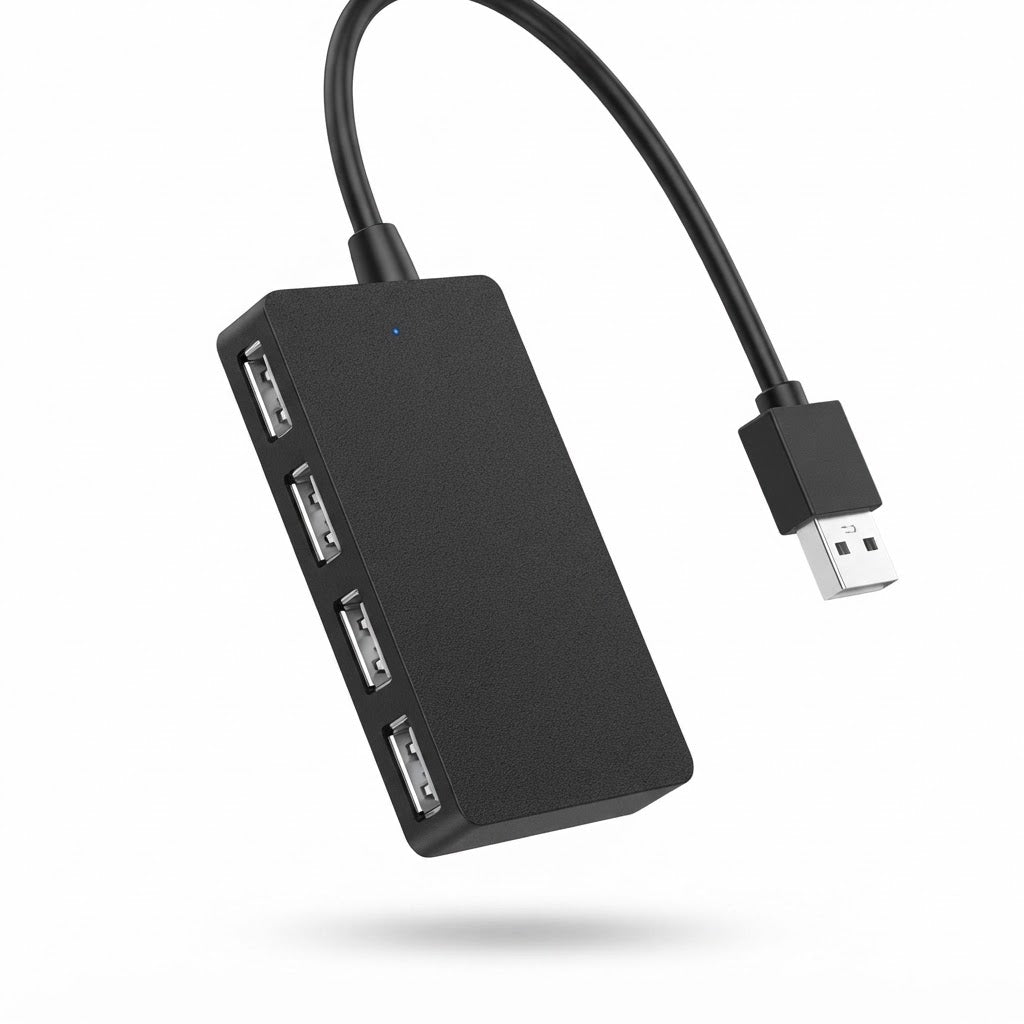 Hub USB negro con cuatro puertos y cable