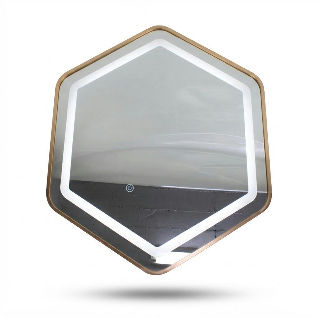 Espejo LED hexagonal 60 x 60 cm con luz tricolor sobre fondo blanco