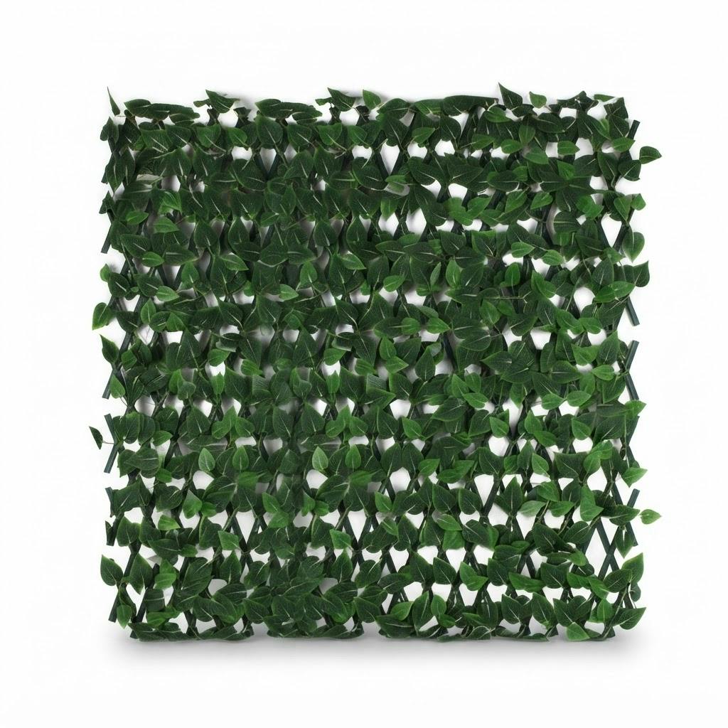 Cerco extensible de hojas artificiales 1,2 x 2,2 m verde oscuro sobre fondo blanco