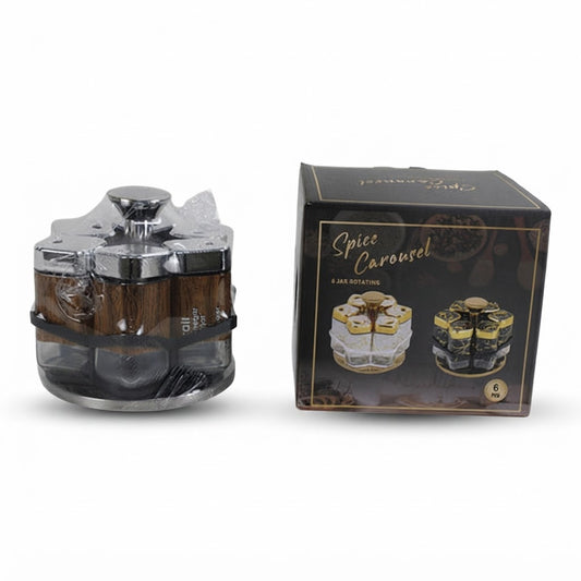 Especiero giratorio de 6 frascos plateado junto a su caja