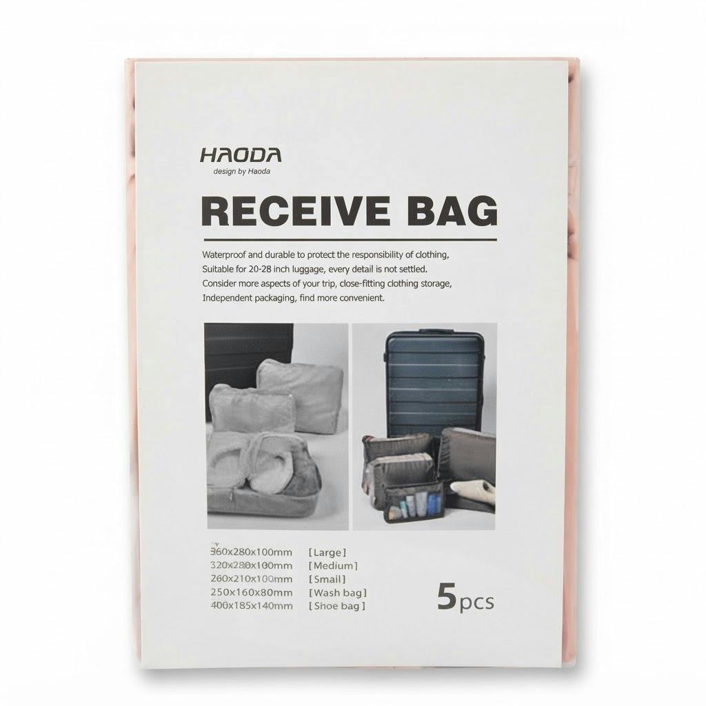 Set de 5 bolsas organizadoras de viaje para valija sobre fondo blanco