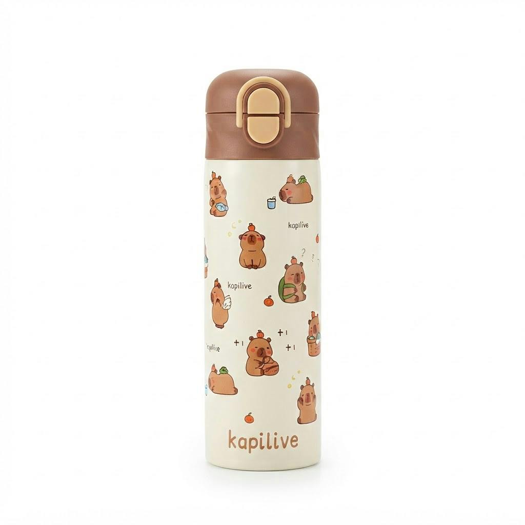 Botella térmica de acero inoxidable 450 ml diseño capibara sobre fondo blanco
