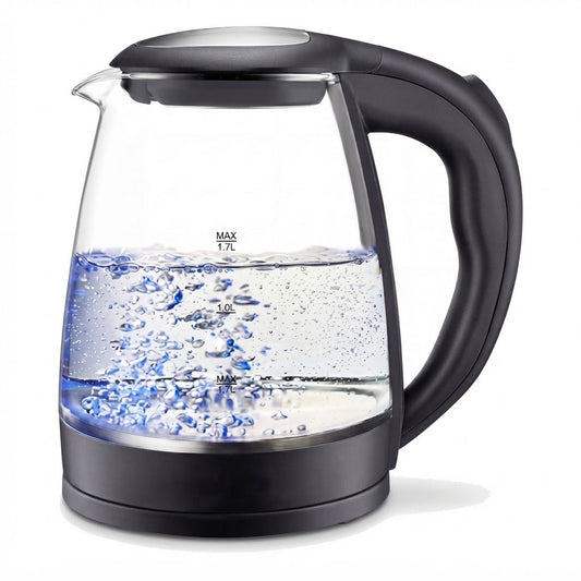 Jarra Eléctrica de Vidrio 2,5L con Luz LED Azul, vista de producto sobre fondo blanco