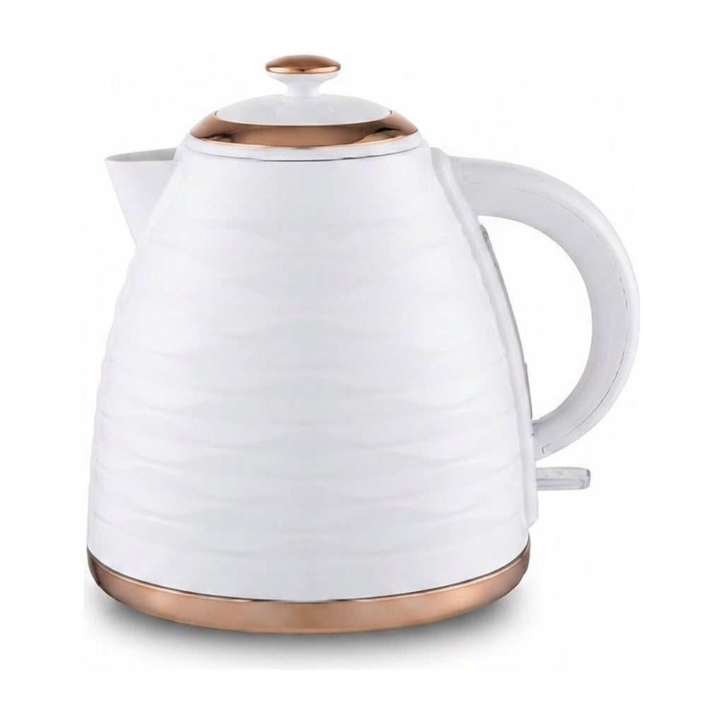 Jarra eléctrica con terminación blanco y rose gold, vista de producto sobre fondo blanco