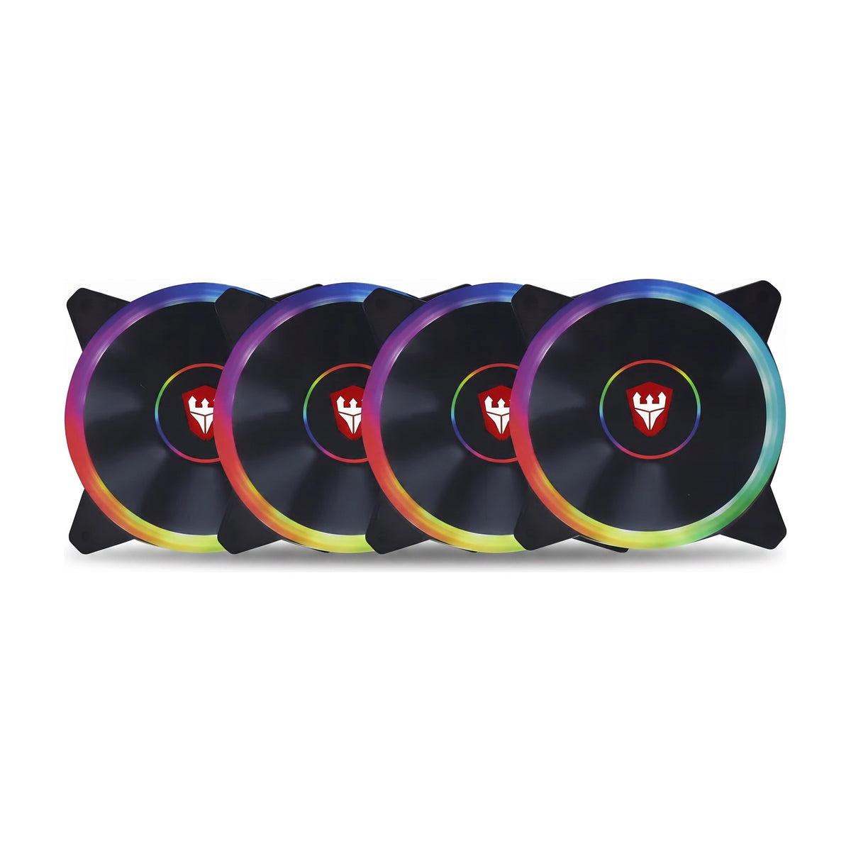 Cuatro coolers RGB de 120 mm alineados, con aros de luz de colores, sobre fondo blanco