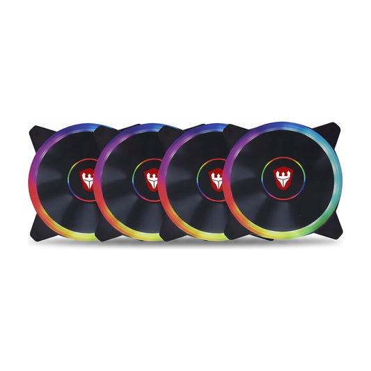 Cuatro coolers RGB de 120 mm alineados, con aros de luz de colores, sobre fondo blanco