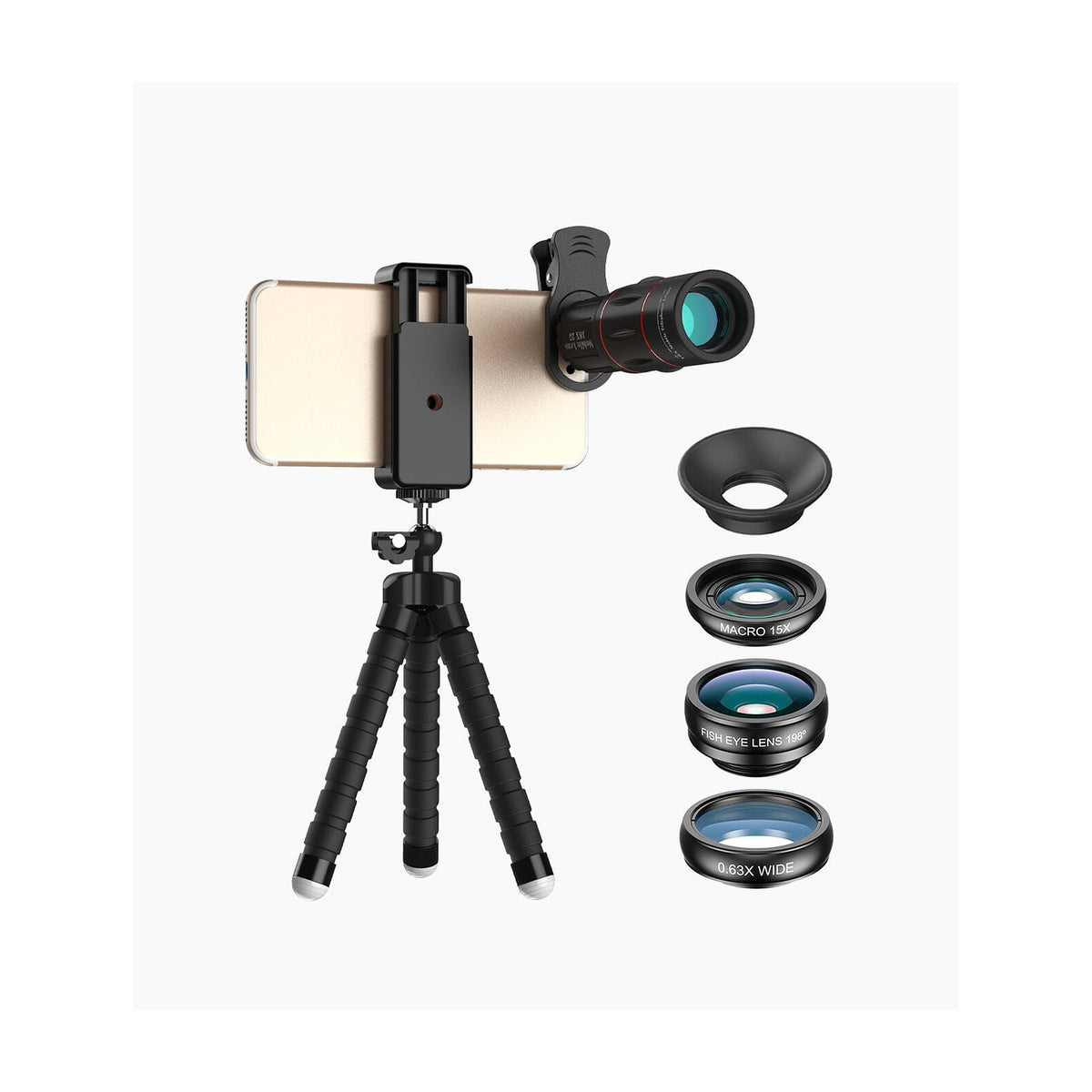 Kit de lentes para celular APL- 5 en 1 con teleobjetivo 18x y trípode, vista de producto sobre fondo blanco