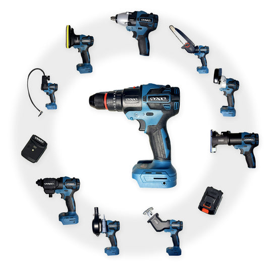 Kit de herramientas SATE A-TK1221 azul: taladro al centro rodeado de sus herramientas intercambiables, batería y cargador
