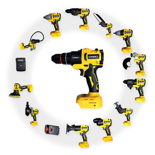 Kit de herramientas SATE A-TK1521 amarillo: taladro al centro rodeado de sus herramientas intercambiables, batería y cargador