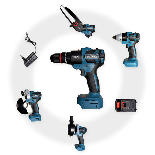 Kit de herramientas SATE A-TK611 azul: taladro al centro rodeado de motosierra, llave de impacto, soplador, amoladora, batería y cargador