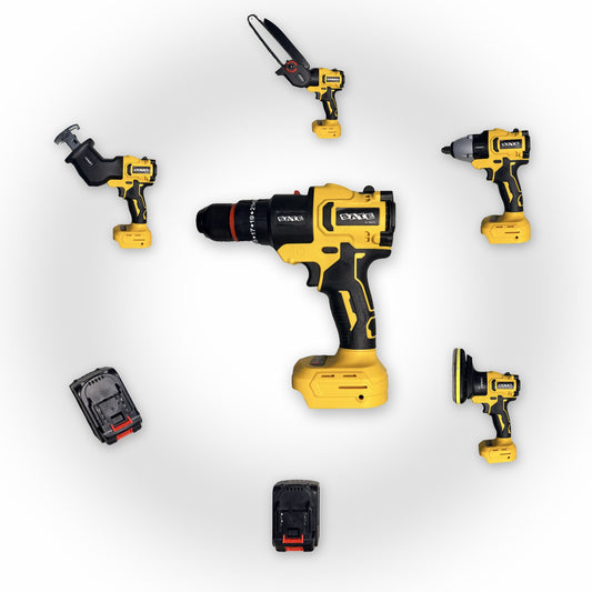 Kit de herramientas SATE A-TK612 amarillo: taladro al centro rodeado de sus cabezales intercambiables y 2 baterías
