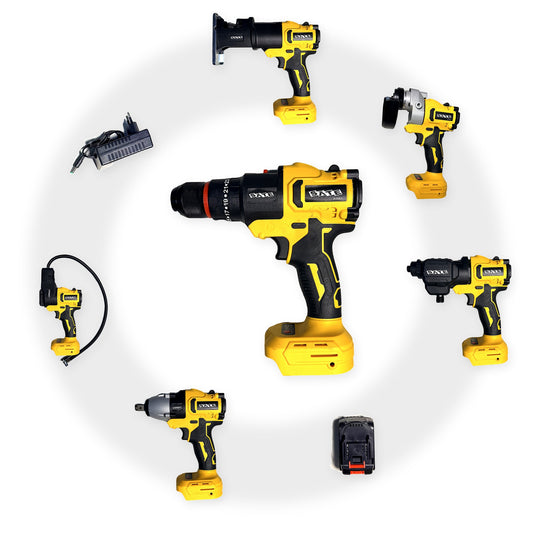Kit de herramientas SATE A-TK811 amarillo: taladro al centro rodeado de caladora, amoladora, hidrolavadora, llave de impacto, inflador, batería y cargador
