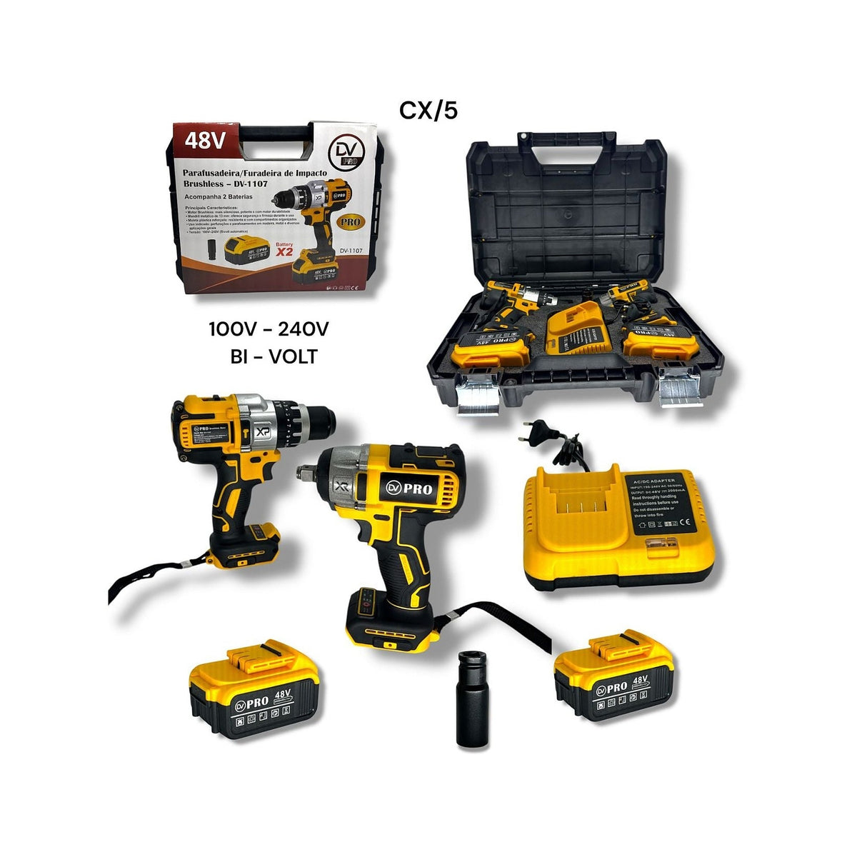 Kit Taladro y Llave de Impacto Inalámbricos 48V DV-1107 de DIVINO, producto centrado sobre fondo blanco