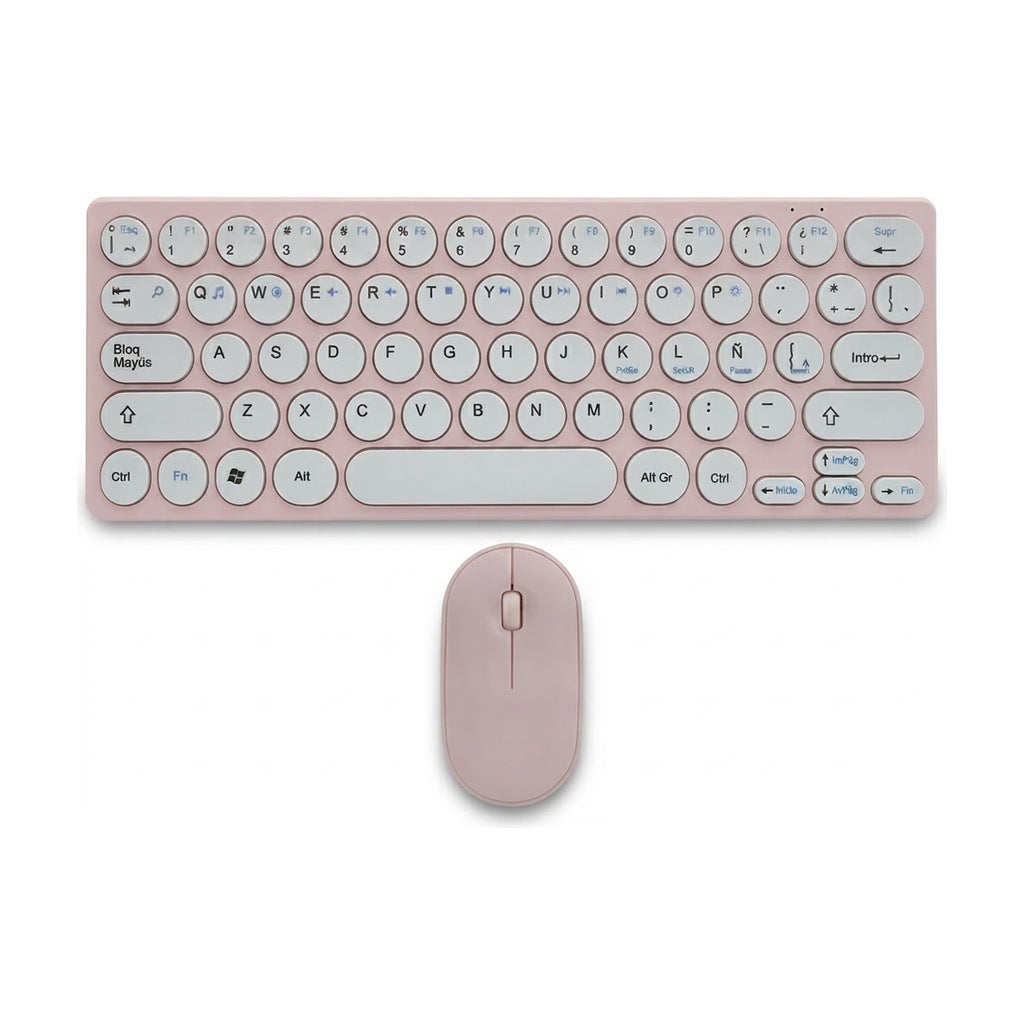 Kit Teclado + Mouse Inalámbrico Rosa Layout Español, vista de producto sobre fondo blanco