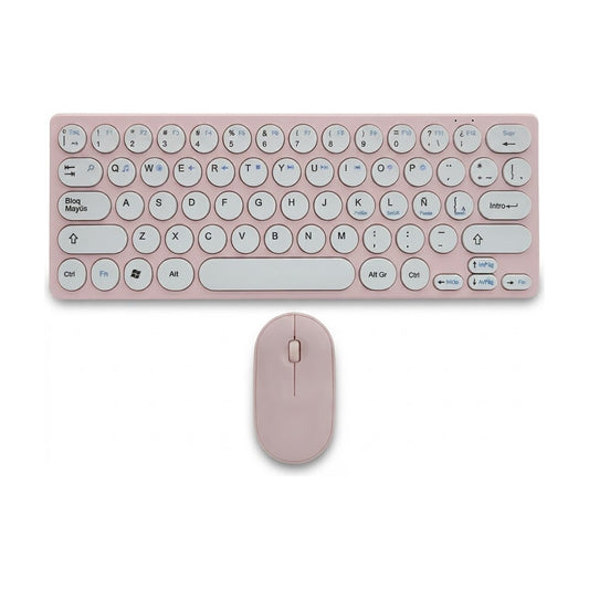 Kit Teclado + Mouse Inalámbrico Rosa Layout Español, vista de producto sobre fondo blanco