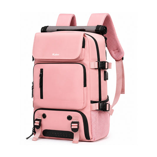 Mochila de Viaje Hikes KVM-720 Rosa con Puerto USB sobre fondo blanco, vista completa del producto