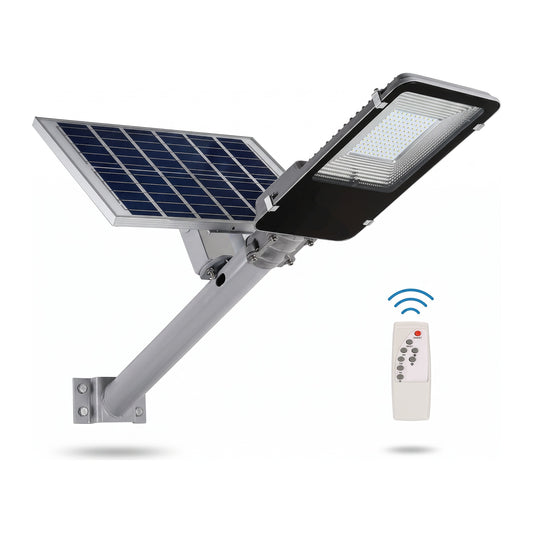 Lampara solar de exterior completa: panel solar, brazo de montaje a pared, cabezal LED y control remoto, sobre fondo blanco
