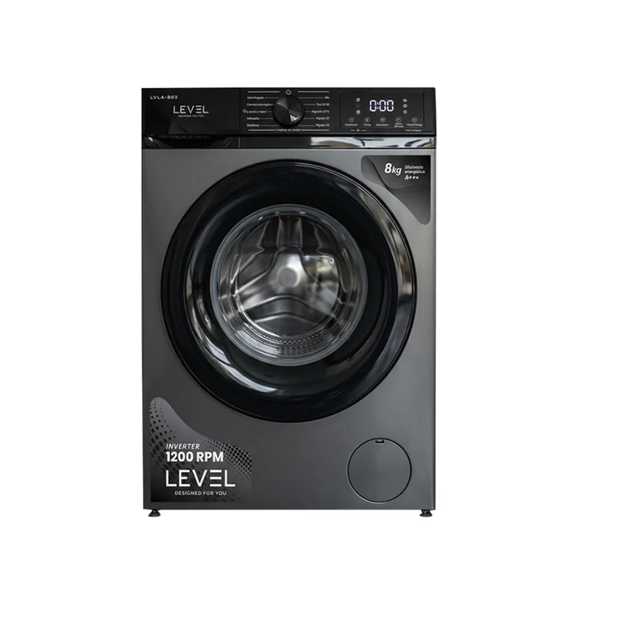 Lavarropas Automático Level 8kg Silver LVLA-003 de Level, producto centrado sobre fondo blanco