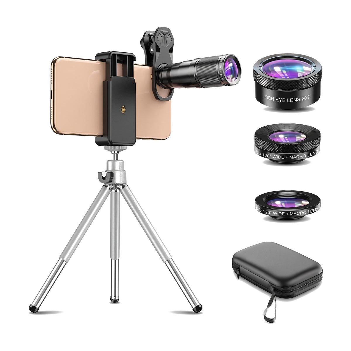 Kit de lente zoom para celular con trípode, tres lentes adicionales y estuche