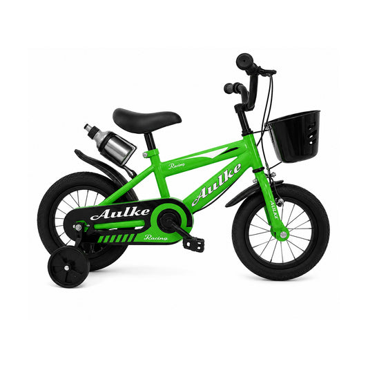 Bicicleta Infantil Aro 12" con Doble Freno y Canasto Verde sobre fondo blanco, vista completa del producto