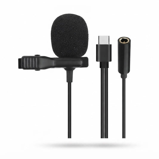 Micrófono de Solapa A- Tipo-C con Cable Adaptador, vista de producto sobre fondo blanco
