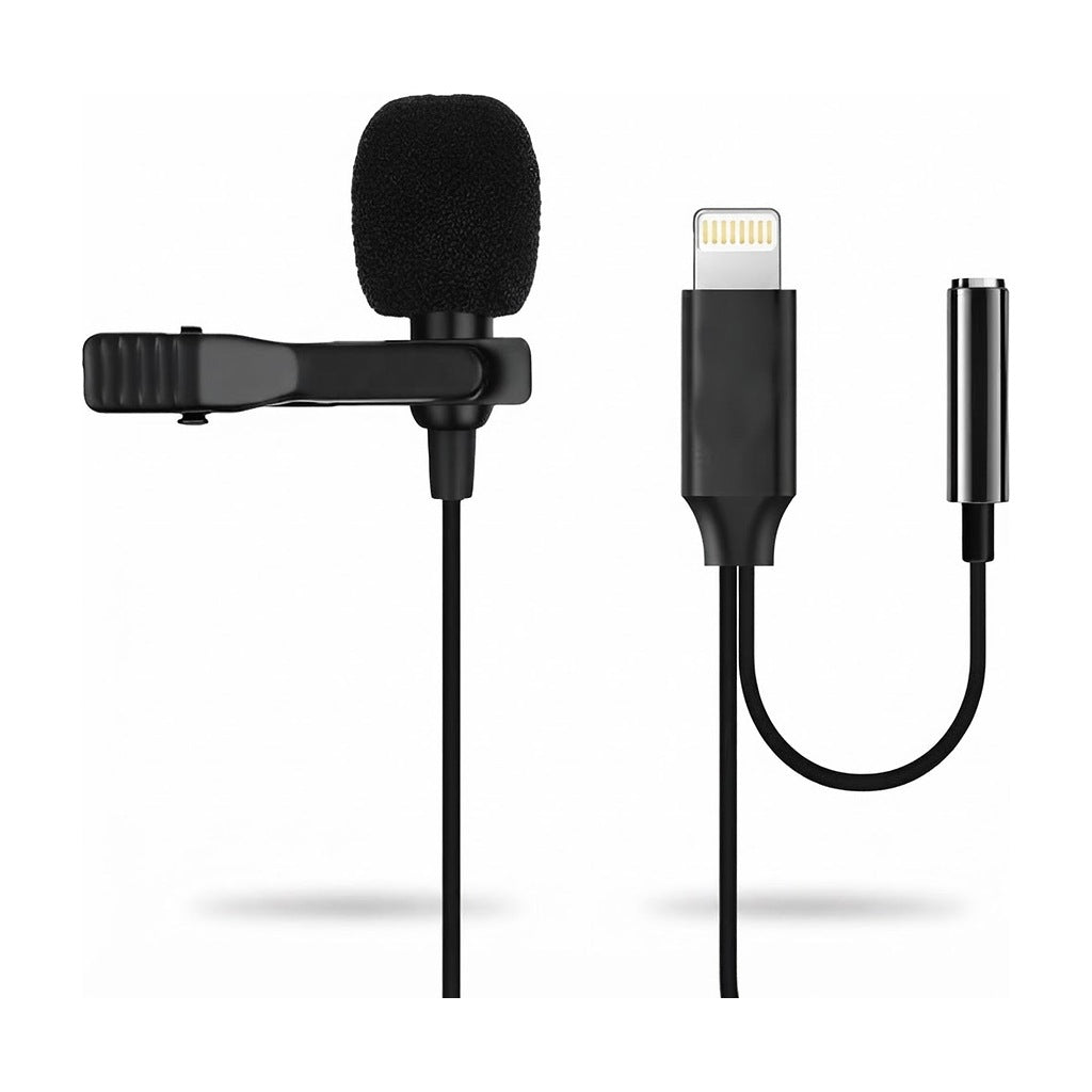 Micrófono de Solapa A- Lightning con Jack 3.5 mm, vista de producto sobre fondo blanco
