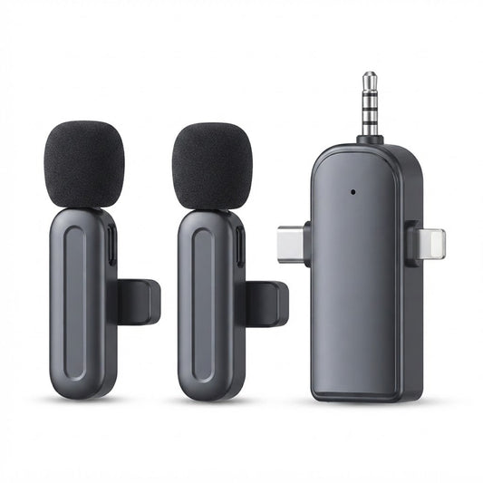 Micrófono Inalámbrico para Celular A- 3 en 1 Doble Transmisor, vista de producto sobre fondo blanco