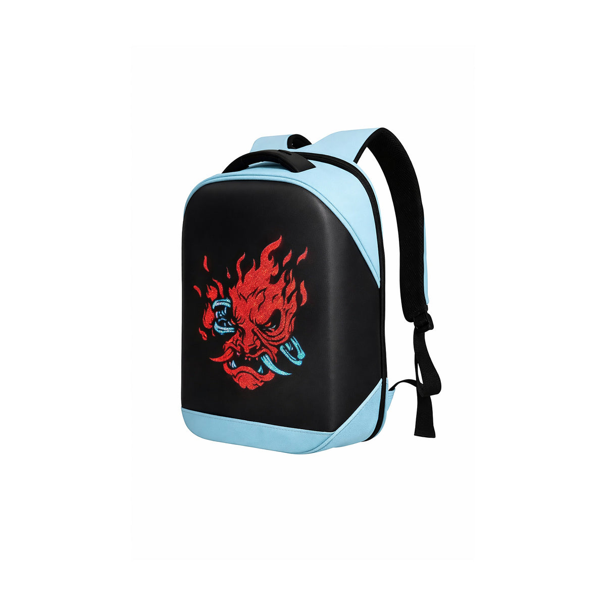 Mochila LED A-KP6025 Pantalla 96x128 Bluetooth 4G+GPS Celeste de SATE, producto centrado sobre fondo blanco