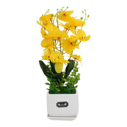 Orquídea artificial amarilla en maceta blanca 35 cm