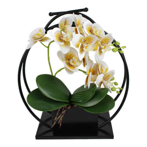 Orquídea artificial blanca con aro decorativo de metal 33 cm