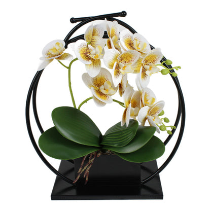 Orquídea artificial blanca con aro decorativo de metal 33 cm