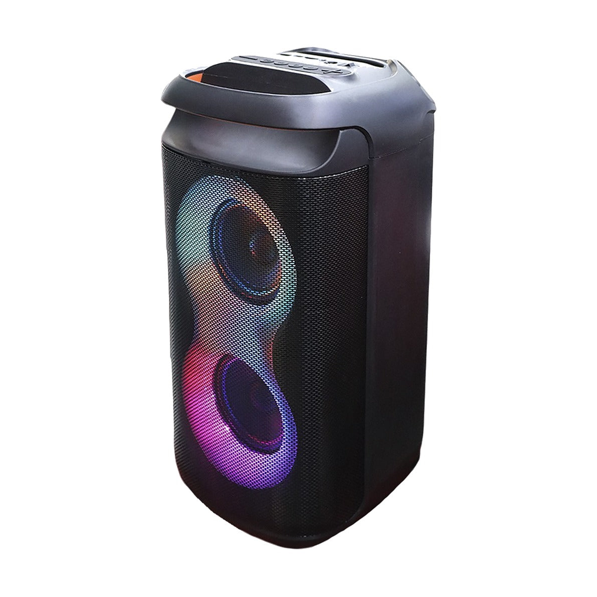 Parlante JBK negro con parlantes iluminados en tonos violeta