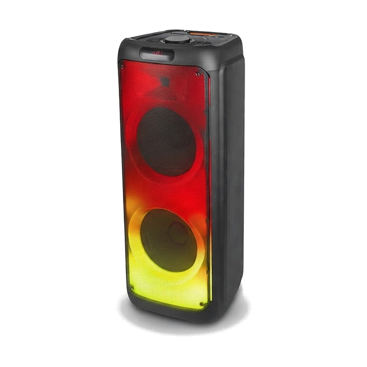 Parlante torre Kolav con luces rojas y amarillas tipo llama