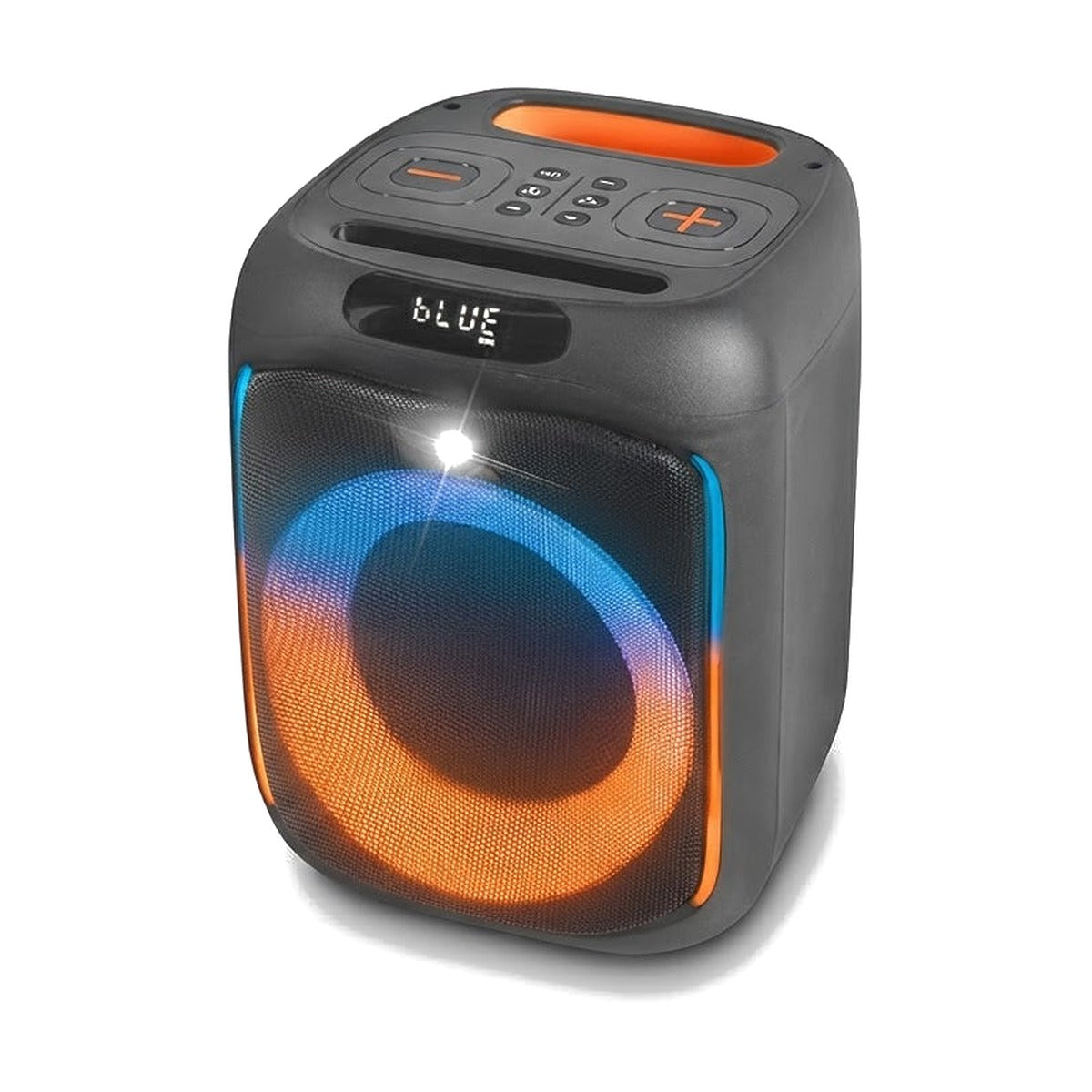 Parlante Kolav compacto con aro de luz naranja y panel de control superior