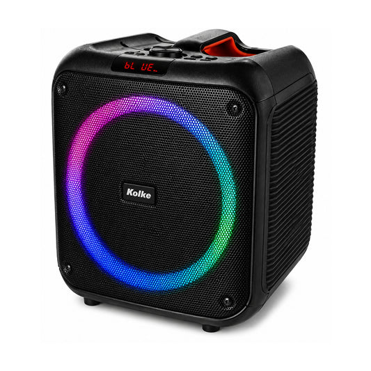 Parlante Kolke Party Cube KPB-584 8" 250W con Luces LED y TWS sobre fondo blanco, vista completa del producto